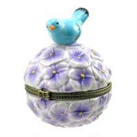 Bluebird of Happiness on Mound of Purple Flowers Hinged Porcelain Trinket Box   